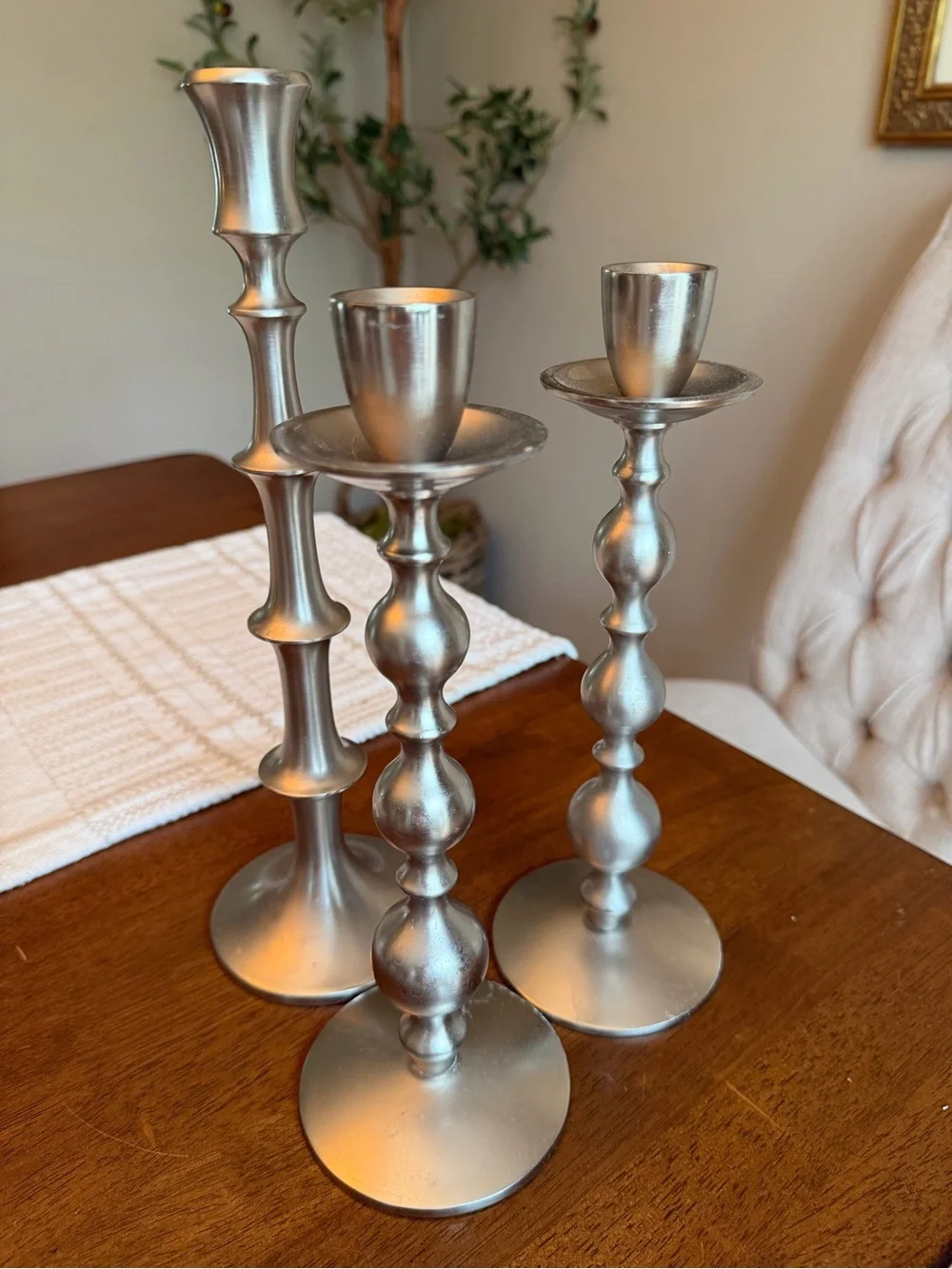 Crate&Barrel Silver Three-Piece Taper Candle Holder Set
